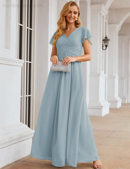 Numbersea Chiffon Bridesmaid Dress Cap Sleeves Maxi Prom Gowns Party Wedding Mother of The Bride Dresses for Women SEA28047-numbersea