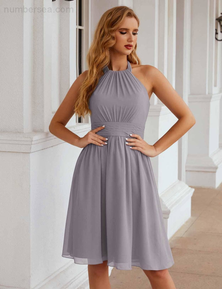 Numbersea Halter Chiffon Bridesmaid Dresses Short Sleeveless Formal Party Dress Open Back SEA28023 - numbersea