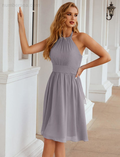 Numbersea Halter Chiffon Bridesmaid Dresses Short Sleeveless Formal Party Dress Open Back SEA28023 - numbersea