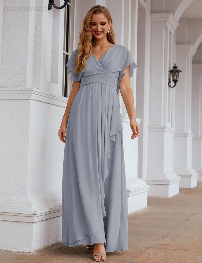 Numbersea Chiffon Bridesmaid Dresses Long Formal Evening Prom Mother of The Bride Dress with Flutter Sleeve  SEA28040-numbersea