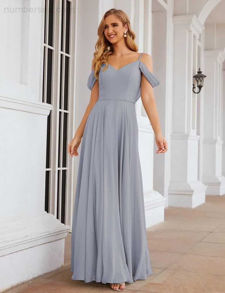 NumberSea - Numbersea Cold Shoulder Chiffon Bridesmaid Dresses Long Maxi Formal Prom Gowns for Women Party SEA28059