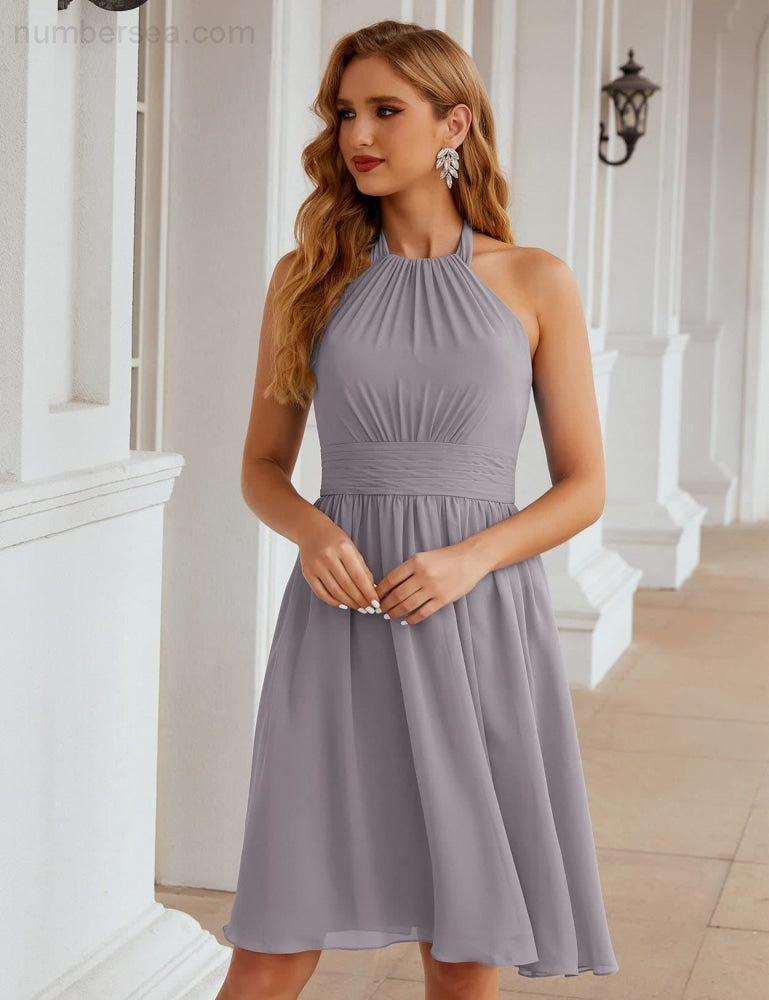 Numbersea Halter Chiffon Bridesmaid Dresses Short Sleeveless Formal Party Dress Open Back SEA28023 - numbersea