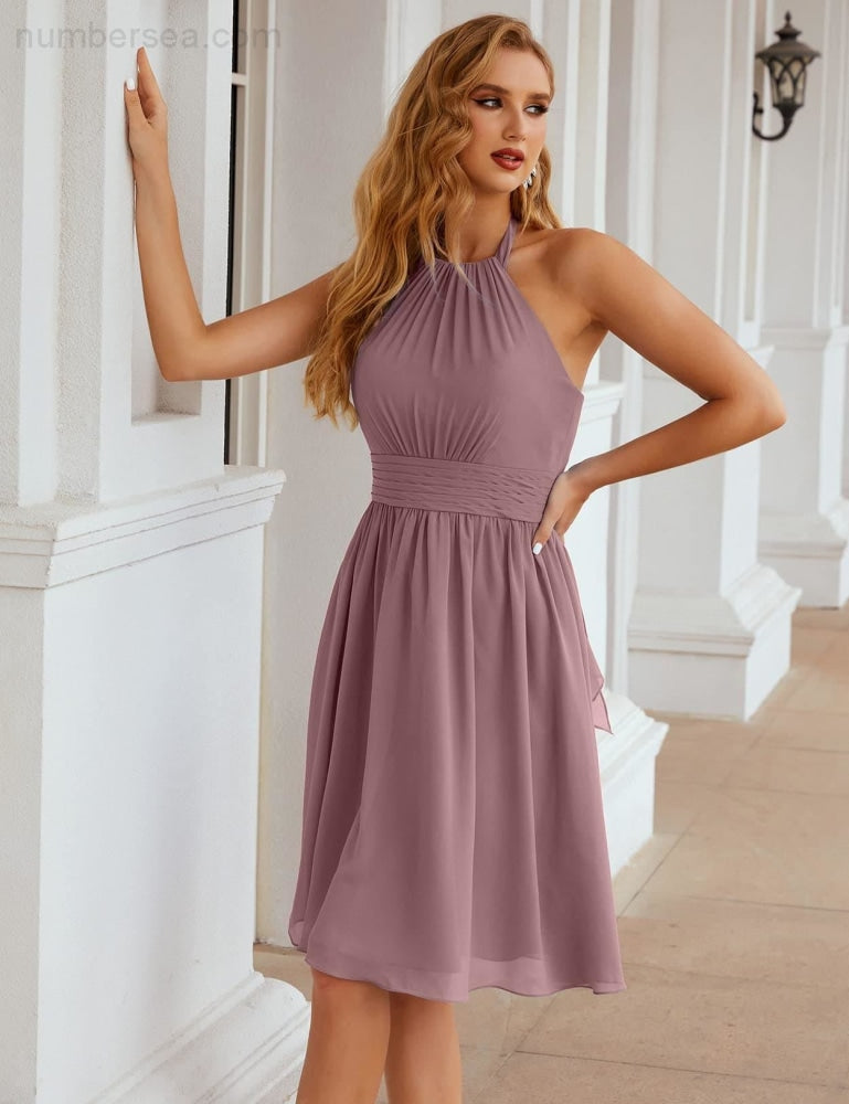 Numbersea Halter Chiffon Bridesmaid Dresses Short Sleeveless Formal Party Dress Open Back SEA28023 - numbersea