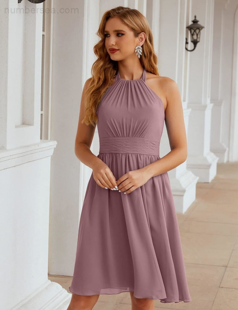 Numbersea Halter Chiffon Bridesmaid Dresses Short Sleeveless Formal Party Dress Open Back SEA28023 - numbersea