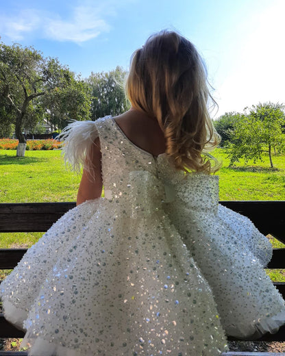 Glitter Short Ball Gown Sequins Feather Flower Girl Dress with Bow