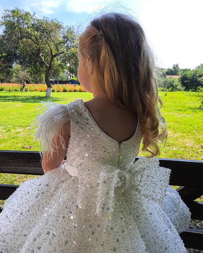 Glitter Short Ball Gown Sequins Feather Flower Girl Dress with Bow