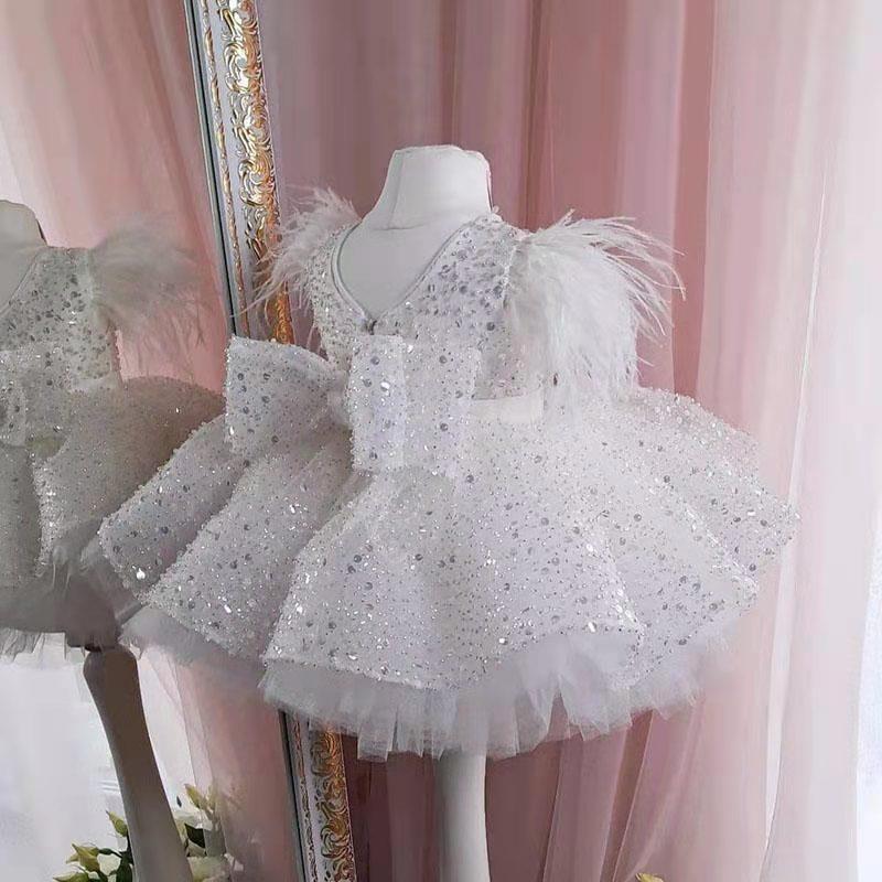 Glitter Short Ball Gown Sequins Feather Flower Girl Dress with Bow