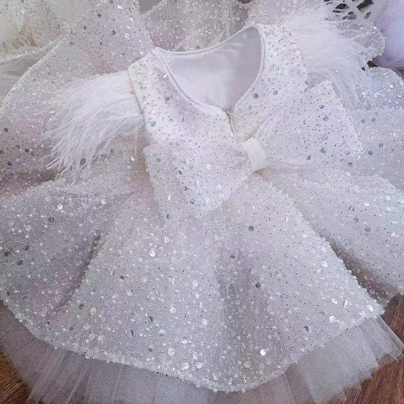 Glitter Short Ball Gown Sequins Feather Flower Girl Dress with Bow