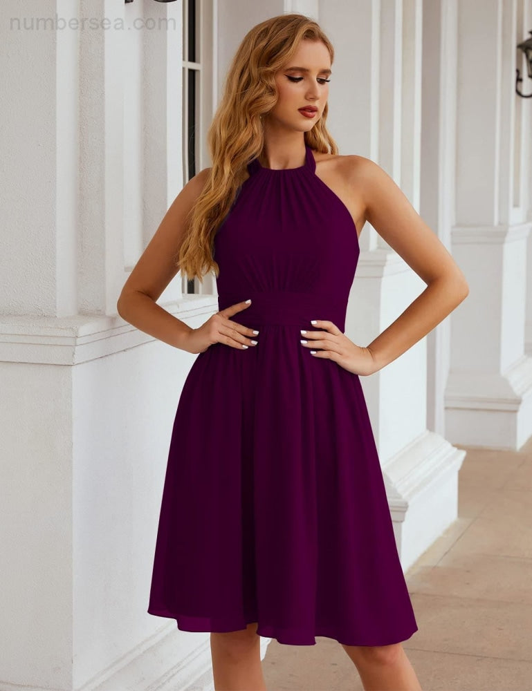 Numbersea Halter Chiffon Bridesmaid Dresses Short Sleeveless Formal Party Dress Open Back SEA28023 - numbersea