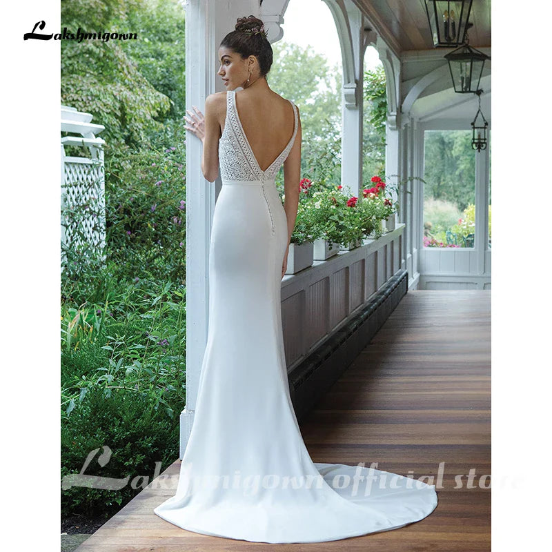 Sexy Backless Wedding Dress Crepe Fit and Flare Gown with Allover Lace Bodice Wedding Gowns Robe Femme NumberSea