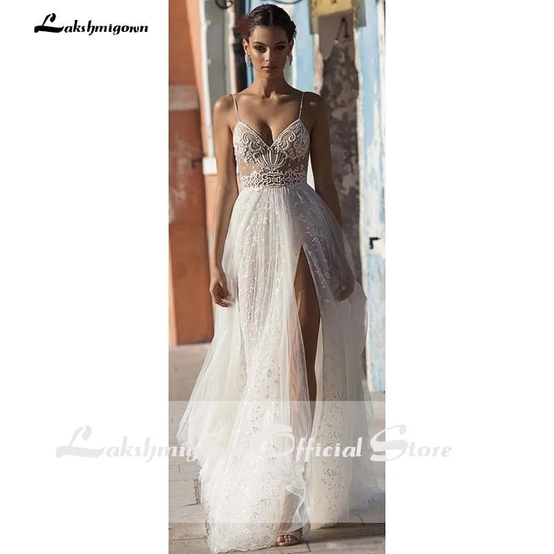 NumberSea Sexy Illusion Travel Wedding Dress Beach Wedding Gown with Pearls Beading Tulle Sweep Train Arab robe de mariee