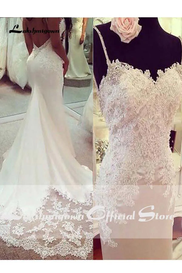 NumberSea Spaghetti Lace Sleeveless Wedding Gown Lace Appliques Boho Wedding Dress Backless Sexy robe de mariee Wedding Party gowns