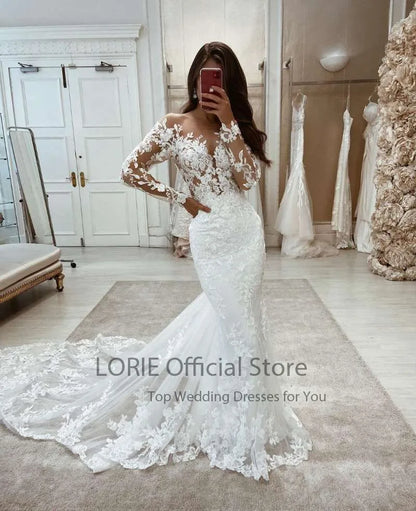 LORIE Boho Wedding Dresses Mermaid Lace Long Sleeves Wedding Gown Vintage White Ivory Custom Made Luxury Bridal Dress 2024