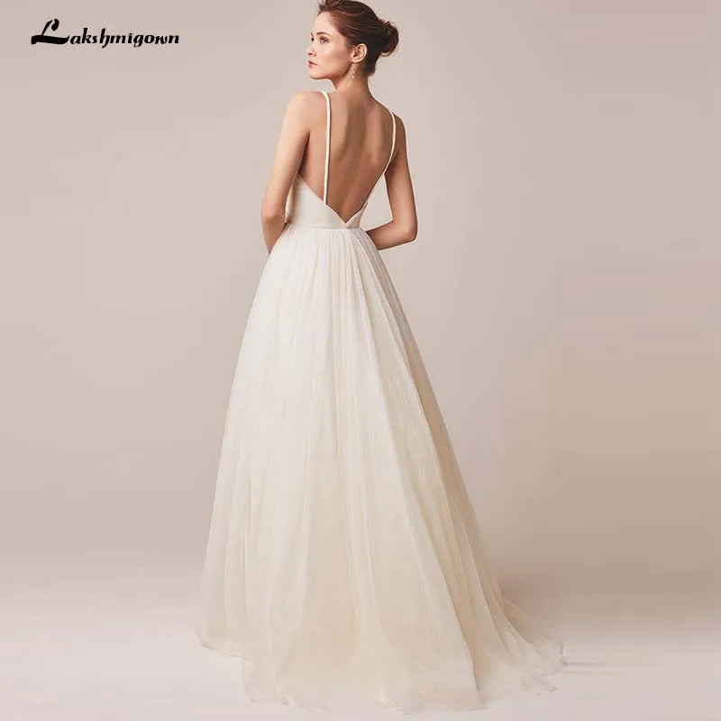 NumberSea Sexy Spaghetti Straps Tulle Wedding Dress Vestido De Novia Sleeveless V-neck Backless Bride Dresses Robe De Mariage