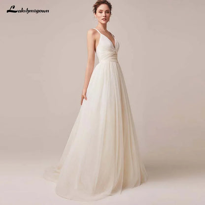 NumberSea Sexy Spaghetti Straps Tulle Wedding Dress Vestido De Novia Sleeveless V-neck Backless Bride Dresses Robe De Mariage