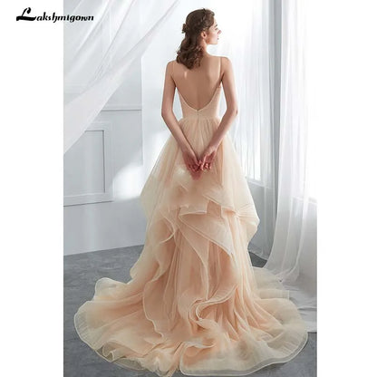 NumberSea Romantische Spaghettiträger Champagner Puffy Lange Rüschen Weichen Tüll Ballkleid Brautkleid Brautkleider Vestido De Noiva 