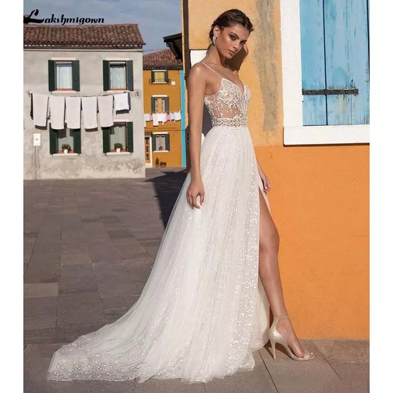 NumberSea Sexy Illusion Travel Wedding Dress Beach Wedding Gown with Pearls Beading Tulle Sweep Train Arab robe de mariee