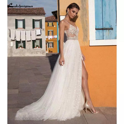 NumberSea Sexy Illusion Travel Wedding Dress Beach Wedding Gown with Pearls Beading Tulle Sweep Train Arab robe de mariee