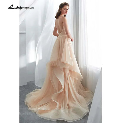 NumberSea Romantic Spaghetti Straps Champagne Puffy Long Ruffled Soft Tulle Ball Gown Wedding Dress Bridal Dresses Vestido De Noiva