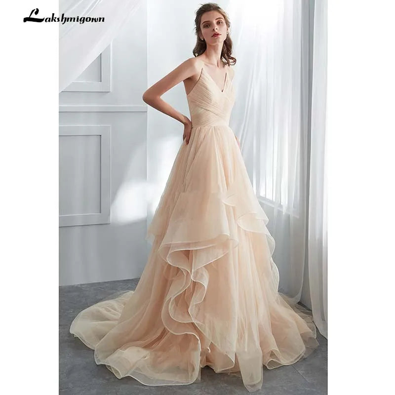 NumberSea Romantic Spaghetti Straps Champagne Puffy Long Ruffled Soft Tulle Ball Gown Wedding Dress Bridal Dresses Vestido De Noiva