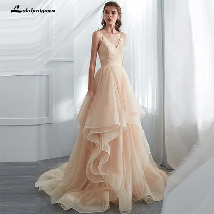 NumberSea Romantische Spaghettiträger Champagner Puffy Lange Rüschen Weichen Tüll Ballkleid Brautkleid Brautkleider Vestido De Noiva 