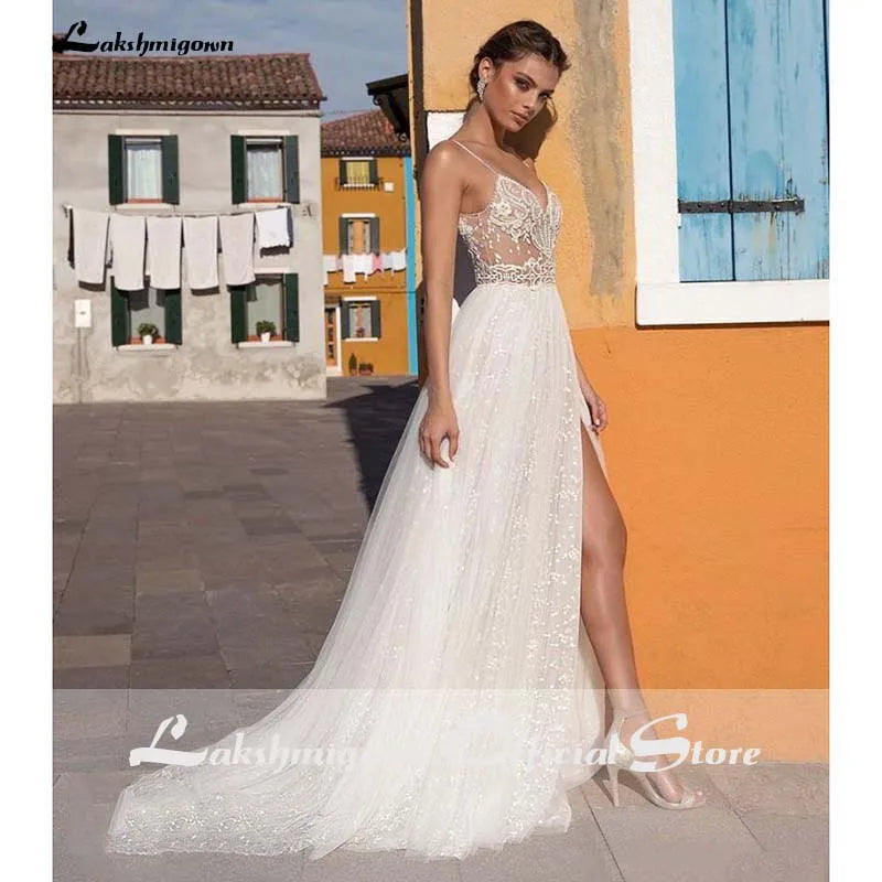 NumberSea Sexy Illusion Travel Wedding Dress Beach Wedding Gown with Pearls Beading Tulle Sweep Train Arab robe de mariee