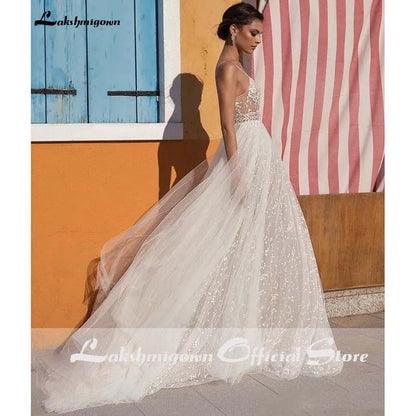 NumberSea Sexy Illusion Travel Wedding Dress Beach Wedding Gown with Pearls Beading Tulle Sweep Train Arab robe de mariee