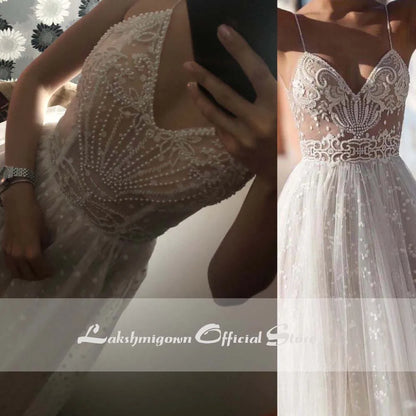 NumberSea Sexy Illusion Travel Wedding Dress Beach Wedding Gown with Pearls Beading Tulle Sweep Train Arab robe de mariee