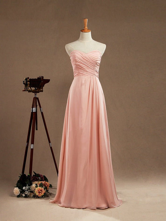 NumberSea - A - Line Floor Length Chiffon Bridesmaid Dress Sweetheart Strapless with Pleats