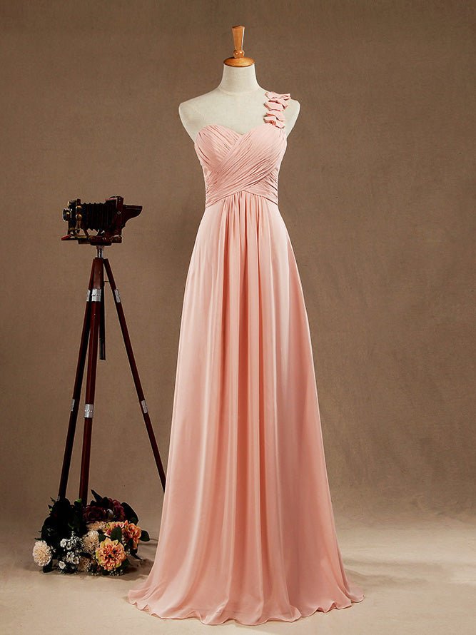 NumberSea - One Shoulder A - Line Floor Length Chiffon Bridesmaid Dress with Criss Cross Ruching Pleats