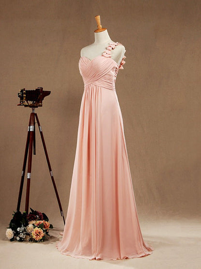 NumberSea - One Shoulder A - Line Floor Length Chiffon Bridesmaid Dress with Criss Cross Ruching Pleats