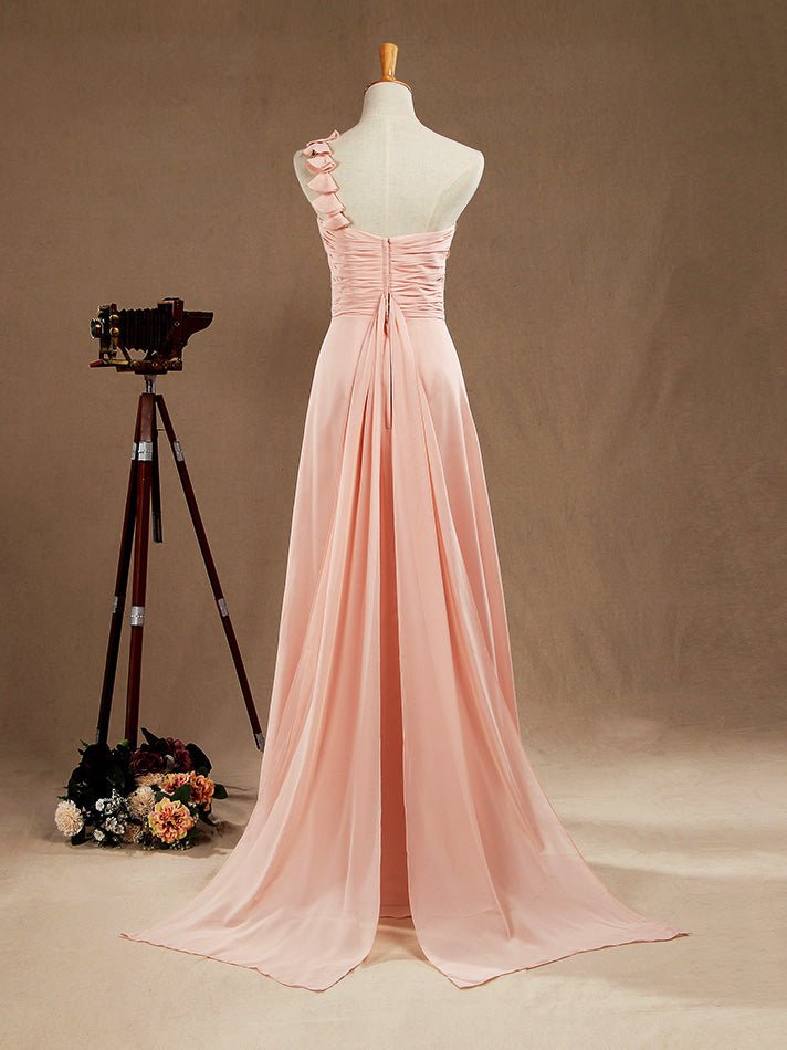 NumberSea - One Shoulder A - Line Floor Length Chiffon Bridesmaid Dress with Criss Cross Ruching Pleats