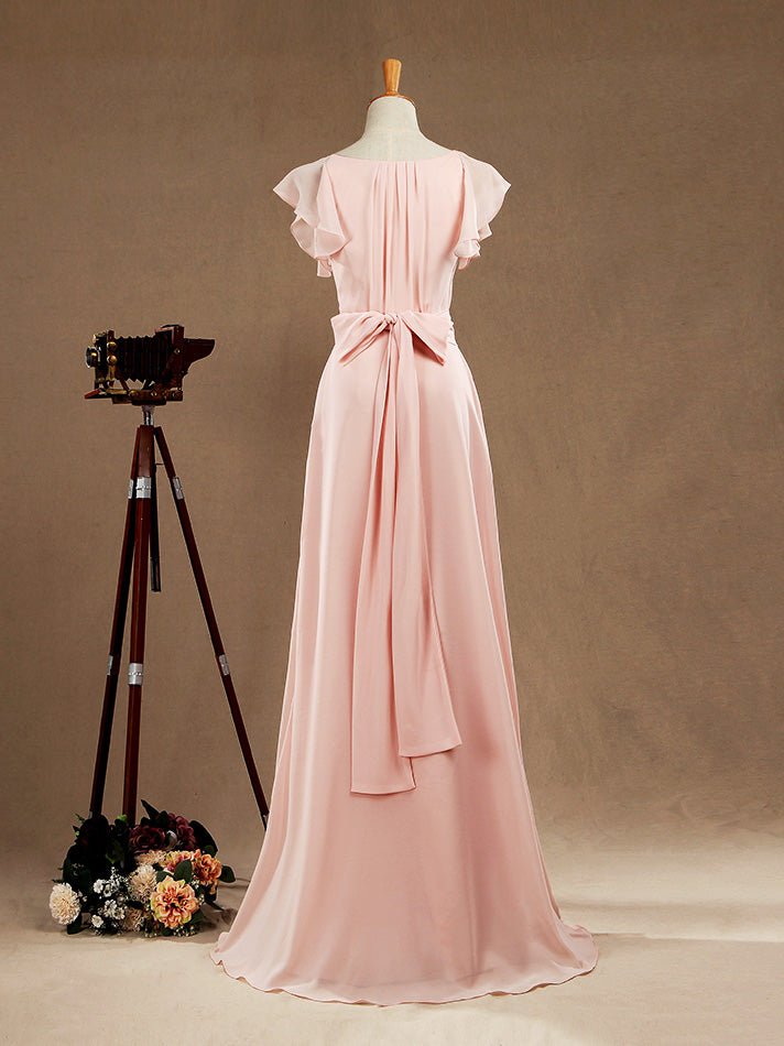 NumberSea - Numbersea Sheath Column V - neck Floor Length Chiffon Bridesmaid Dress Sleeves with Cascading Ruffles