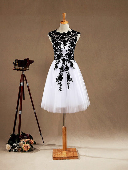 NumberSea - Knee Length A - Line Tulle Jewel Neck Prom Part Dress with Appliques