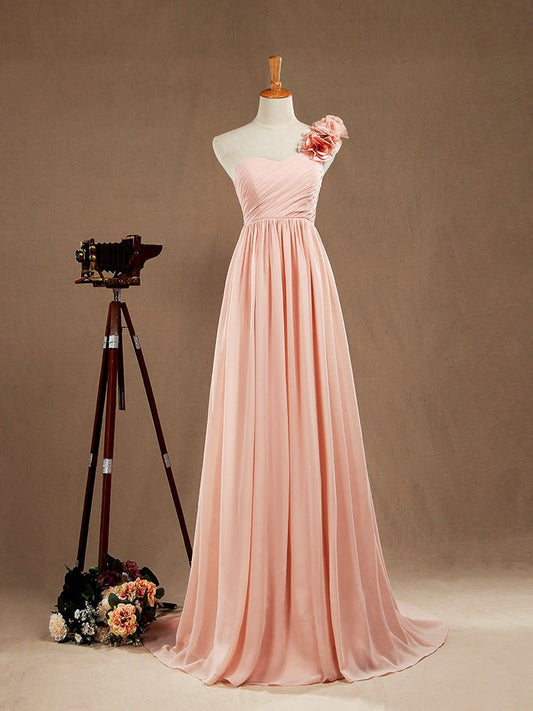 NumberSea - Chiffon Long Bridesmaid Dress A - line One Flower Strap Sweetheart Neckline