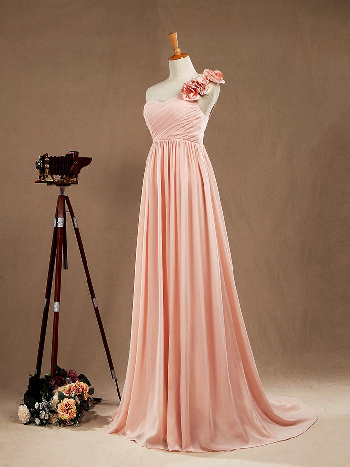 NumberSea - Chiffon Long Bridesmaid Dress A - line One Flower Strap Sweetheart Neckline