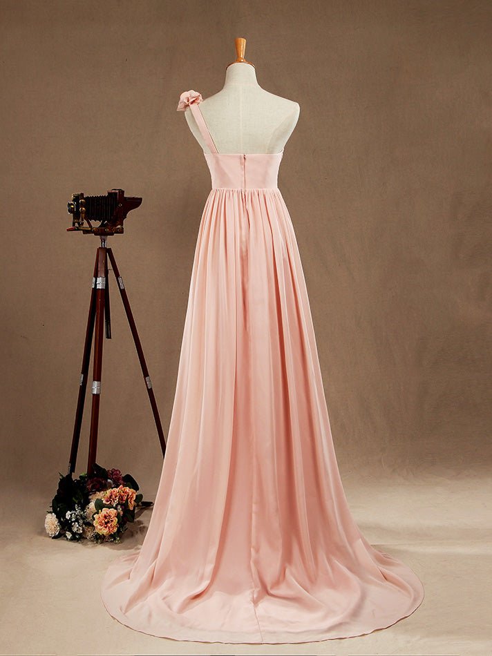 NumberSea - Chiffon Long Bridesmaid Dress A - line One Flower Strap Sweetheart Neckline