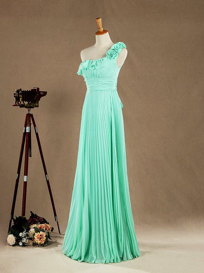 NumberSea - Numbersea Sheath / Column One Shoulder Floor Length Chiffon Bridesmaid Dress with Flowers Crumple