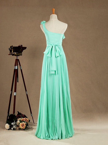 NumberSea - Numbersea Sheath / Column One Shoulder Floor Length Chiffon Bridesmaid Dress with Flowers Crumple