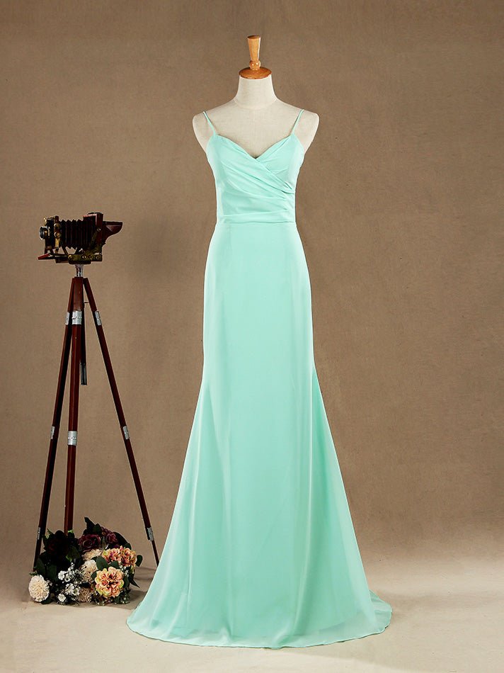 NumberSea - Numbersea Mermaid / Trumpet Spaghetti Straps Floor Length Chiffon Bridesmaid Dress with Brush Train