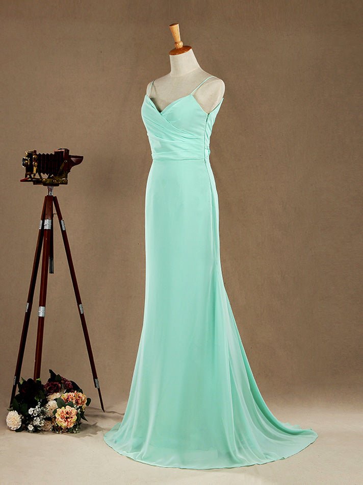 NumberSea - Numbersea Mermaid / Trumpet Spaghetti Straps Floor Length Chiffon Bridesmaid Dress with Brush Train