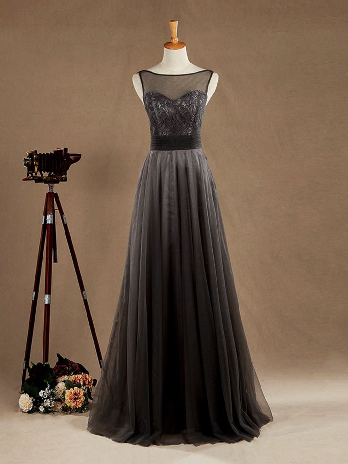 NumberSea - Floor Length A - line Lace Tulle Bridesmaid Dress Bateau Neck with Belt