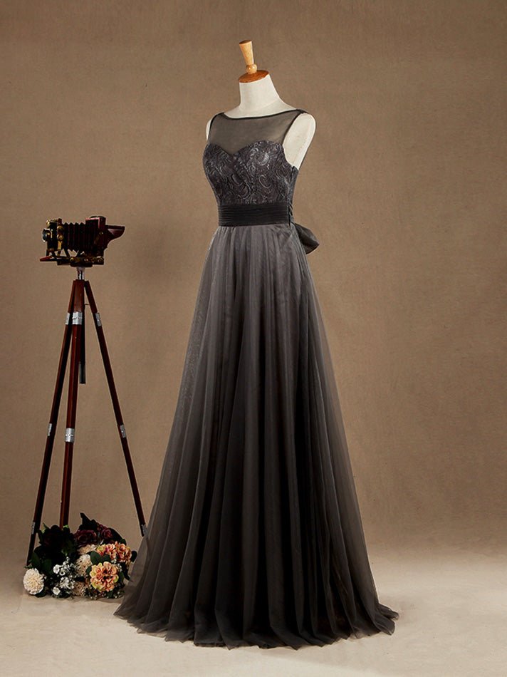 NumberSea - Floor Length A - line Lace Tulle Bridesmaid Dress Bateau Neck with Belt