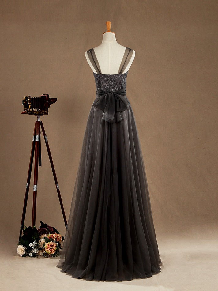 NumberSea - Floor Length A - line Lace Tulle Bridesmaid Dress Bateau Neck with Belt