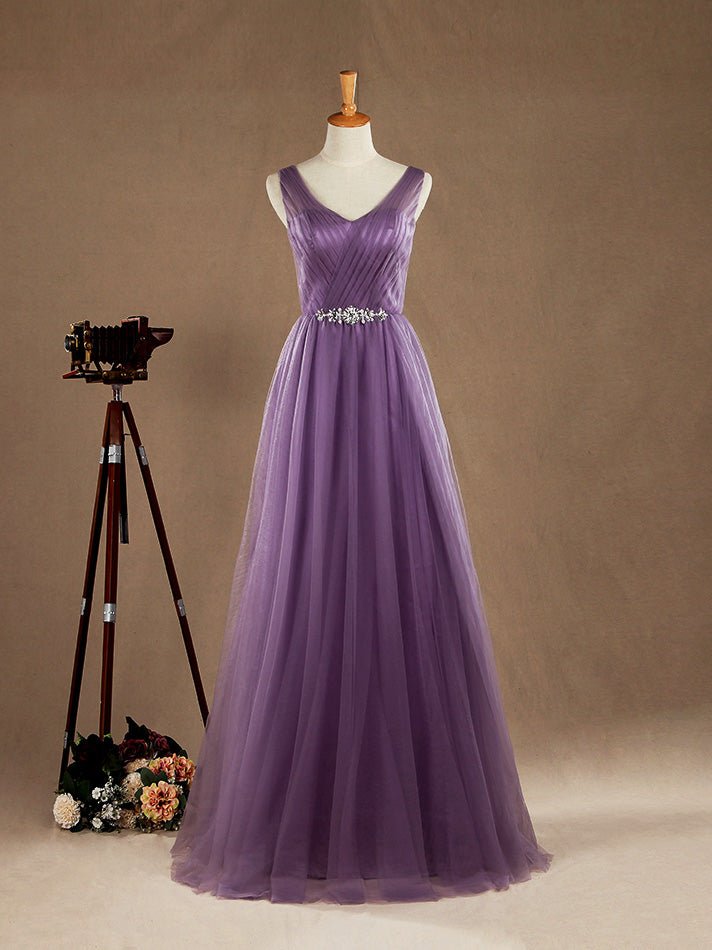 NumberSea - A - Line V - neck Floor Length Tulle Bridesmaid Dress Criss Cross with Beading