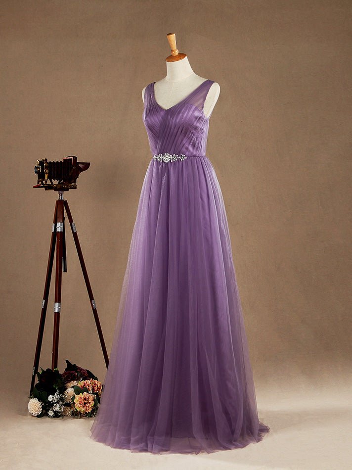 NumberSea - A - Line V - neck Floor Length Tulle Bridesmaid Dress Criss Cross with Beading