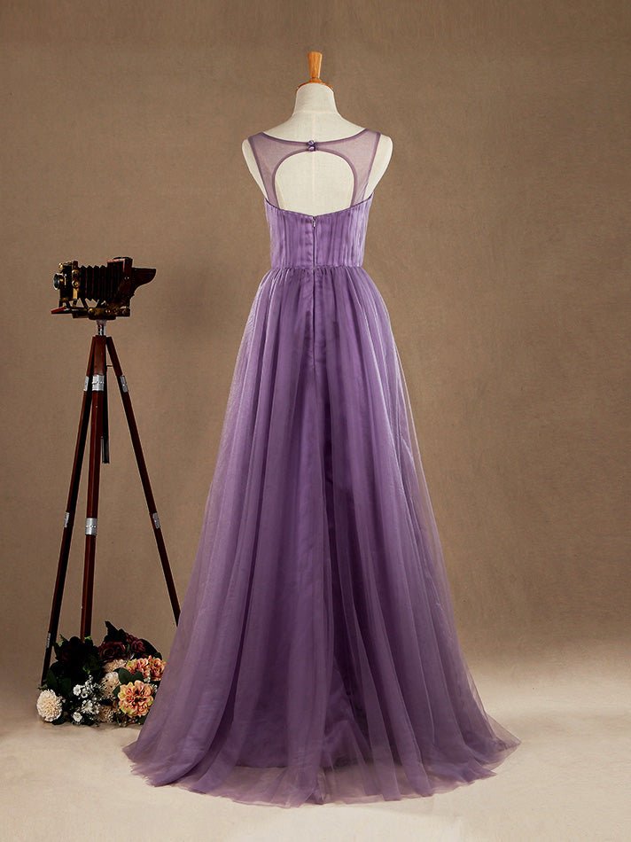 NumberSea - A - Line V - neck Floor Length Tulle Bridesmaid Dress Criss Cross with Beading