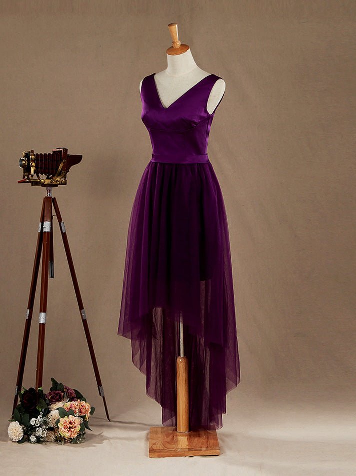 NumberSea - A - line V - neck High - low Hem Satin match Tulle Bridesmaid Dress