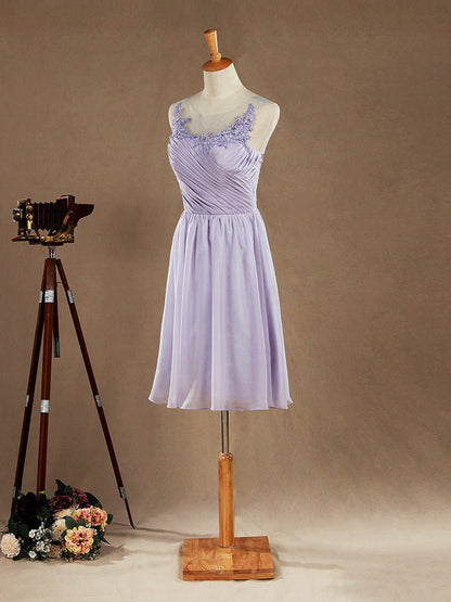 NumberSea - Knee Length A - Line Chiffon Bridesmaid Dress See Through Jewel Neck with Lace Appliques