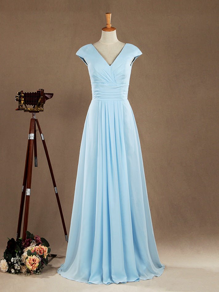 NumberSea - A - Line V - neck Floor Length Chiffon Bridesmaid Dress with Cap Sleeves